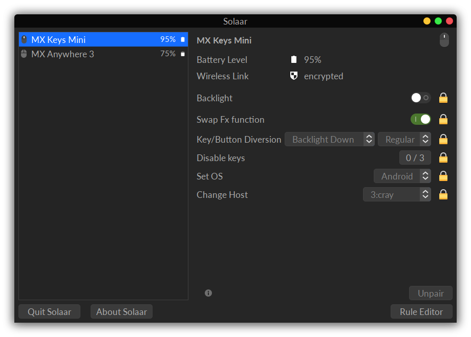 Solaar on Fedora Showing MX Anywhere 3 Settings