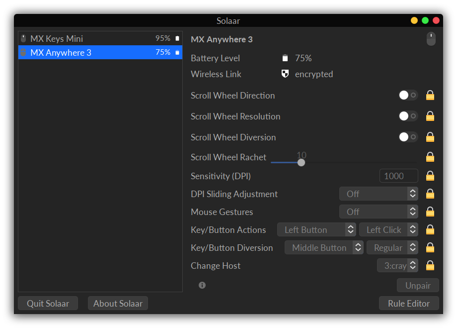 Solaar on Fedora Showing MX Anywhere 3 Settings
